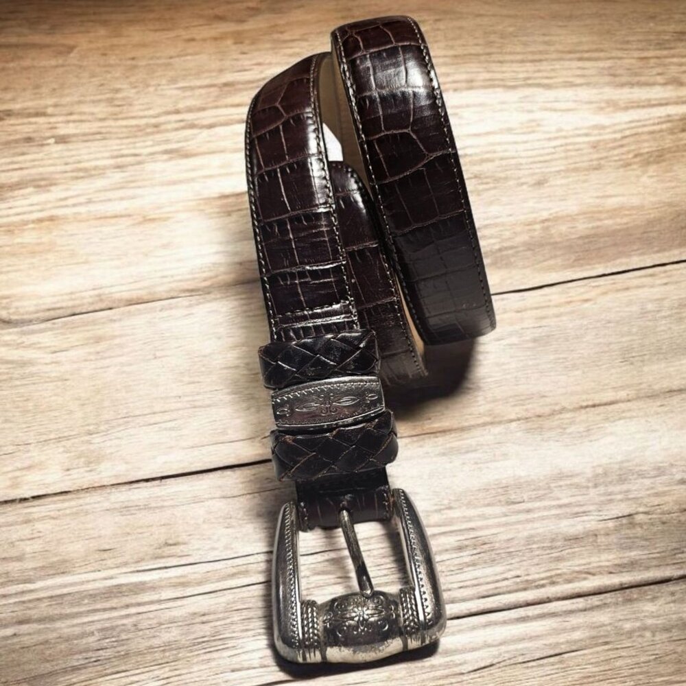 Vintage Brighton M 24709 Dark Brown Embossed Leather Belt w/ Silver Tone Buckle